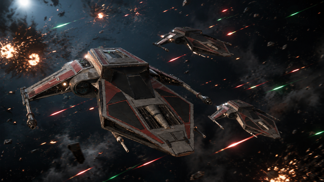 Batiiv R-41 starfighters flying through blaster fire at Serroco