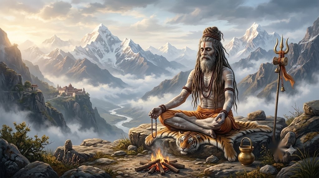 हिमालय की बर्फीली वादियों में ध्यान लगाते नागा साधु का दृश्य