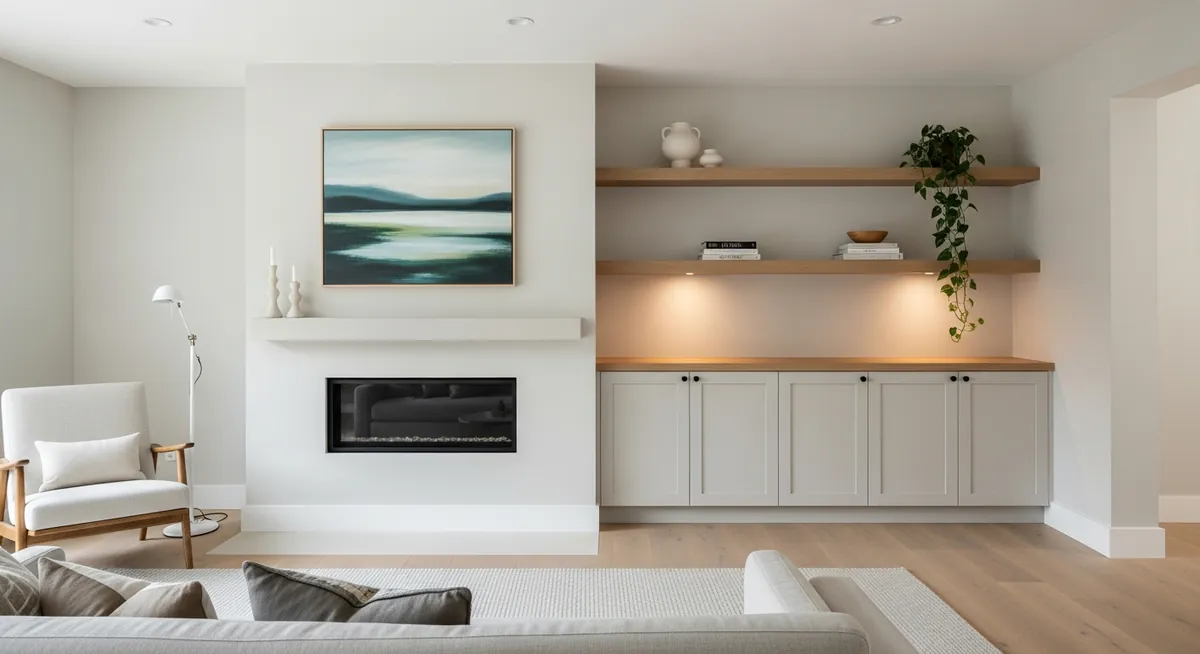 tidy living room with minimal open shelving, closed storage cabinets, layered lighting, clean neutral surfaces, no text in image