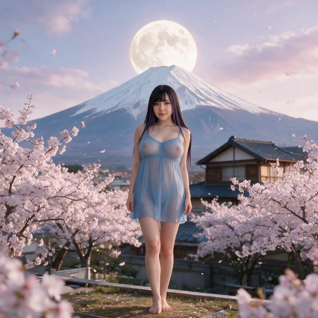 A barefoot girl, wearing a very transparent soft blue thigh-high nightgown, standing barefoot on a rooftop garden surrounded by blooming sakura cherry blossom trees. In the background, a traditional Japanese house, a majestic snow-capped mountain resembling Fuji, a large luminous moon hovering above its peak. Soft clouds, pastel sky, warm light, serene dreamlike atmosphere, Japan aesthetic