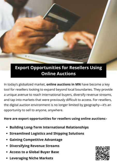 Export opportunities through online auctions in MN present a compelling path for resellers seeking growth. By accessing a global buyer base, diversifying revenue streams, targeting niche markets, streamlining logistics, and building long-term international relationships, resellers can maximize profits and scale operations beyond local boundaries. For those ready to embrace global demand, online auctions offer a flexible, high-impact platform for sustainable growth. To know more visit here https://www.auctionmasters.com/