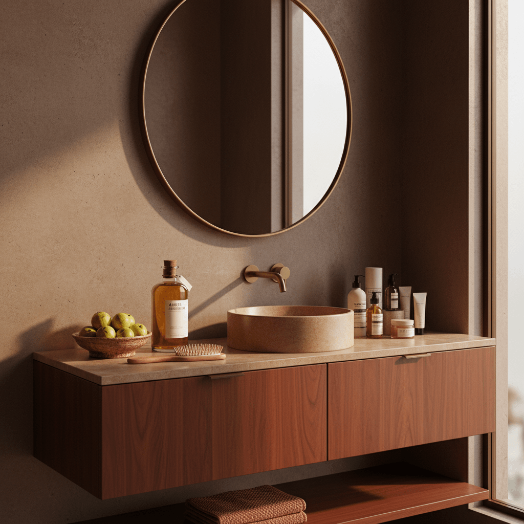 Modern bathroom vanity with amla seed oil and skincare items