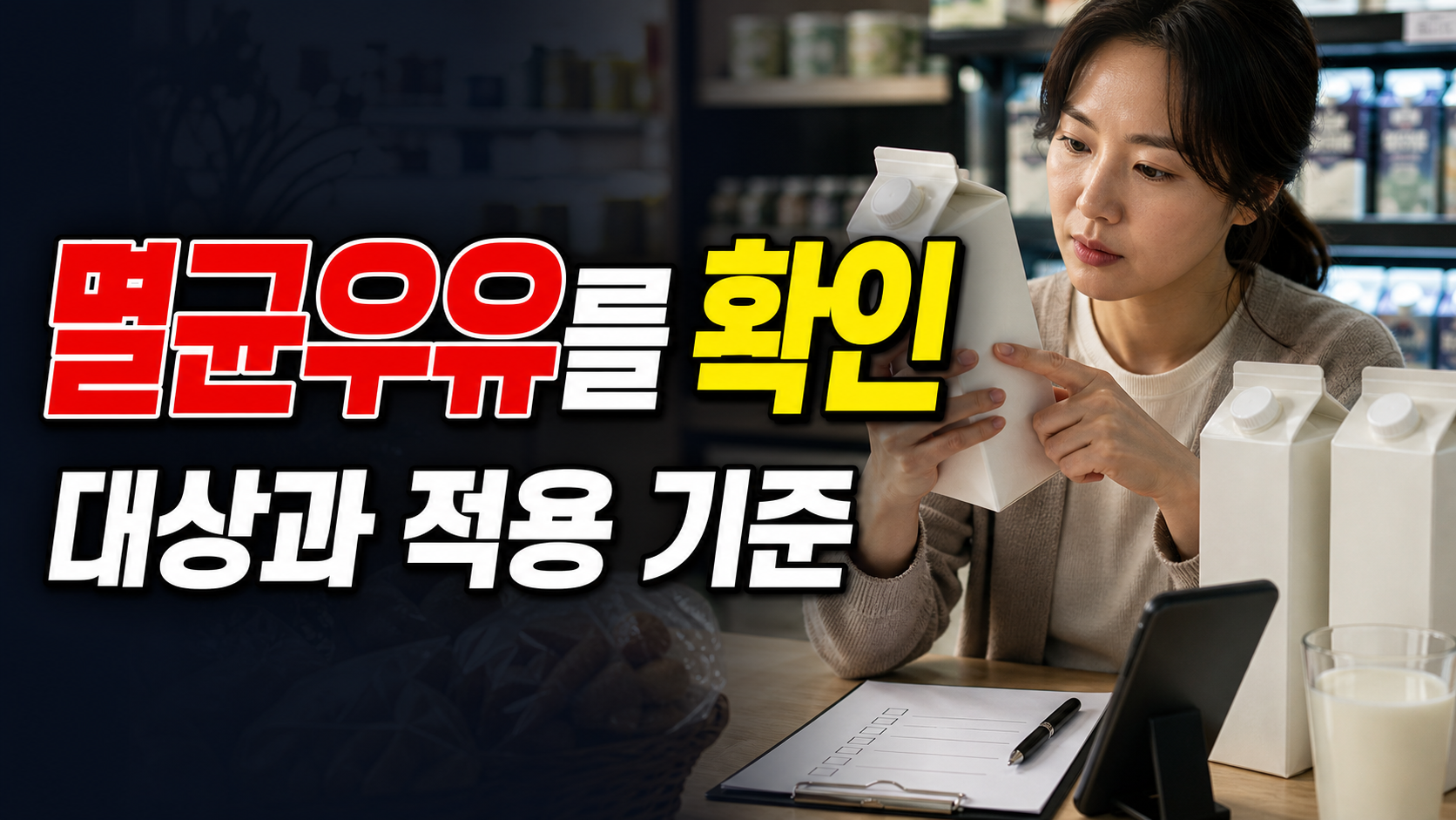 수입 멸균우유를 고를 때 생우유와 다르게 봐야 하는 조건 관련 핵심 정보를 상징적으로 보여주는 썸네일 이미지