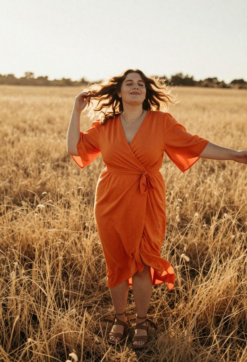 Plus size woman in tangerine orange wrap dress billowing in meadow breeze