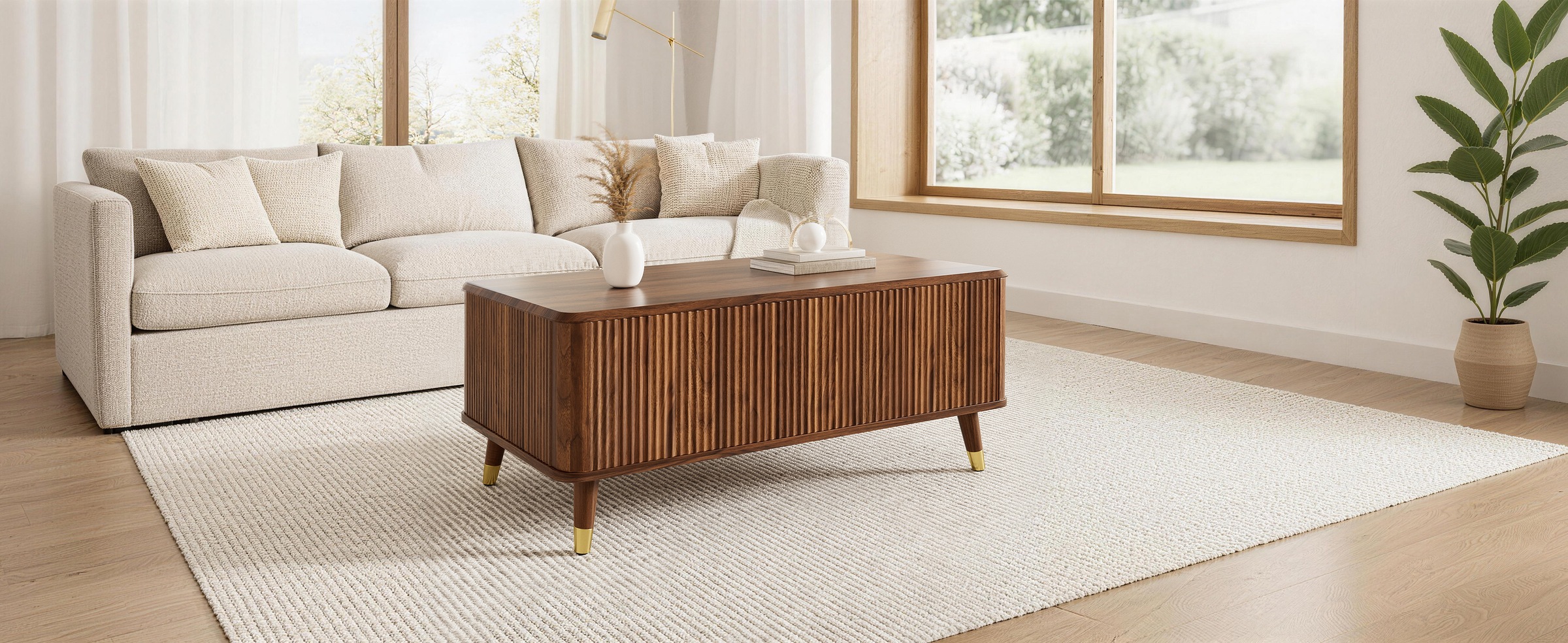 Table Basse Noyer, Rangement, Fermeture Douce, Étagères Réglables, Plan Relevable, Design Moderne - Panneau composite de fibres de bois à densité et Bois - 97x52x56.5cm 3