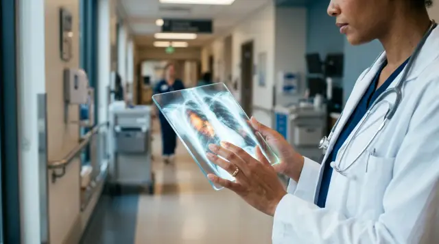 Doctor's hands holding tablet with AI-highlighted chest X-ray in hospital corridor, clinical and precise mood