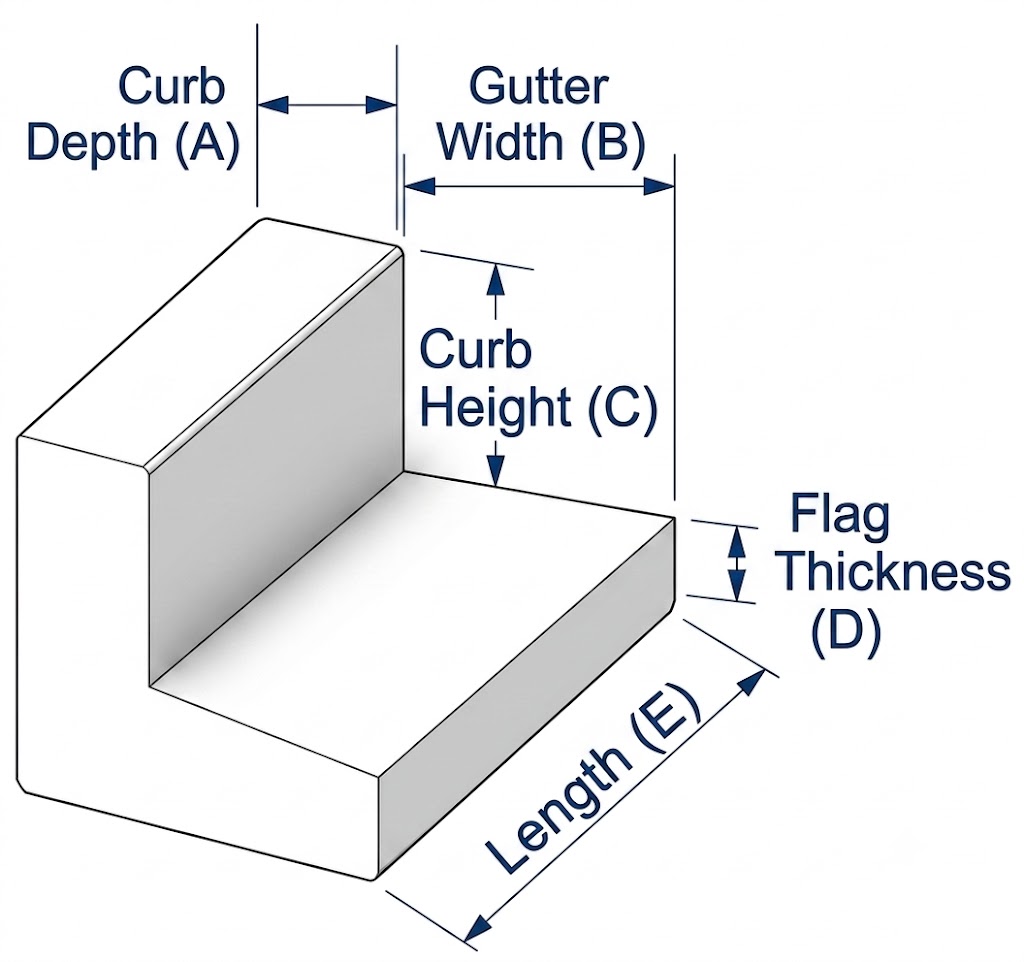 Curb and gutter barrier diagram showing curb depth (A), gutter width (B), curb height (C), flag thickness (D), and length (E)