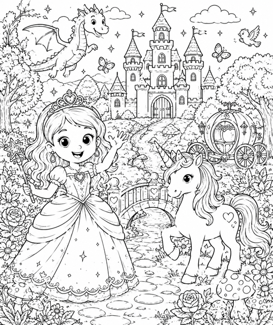 Printable Princess and Unicorn Friendship colouring page for kids