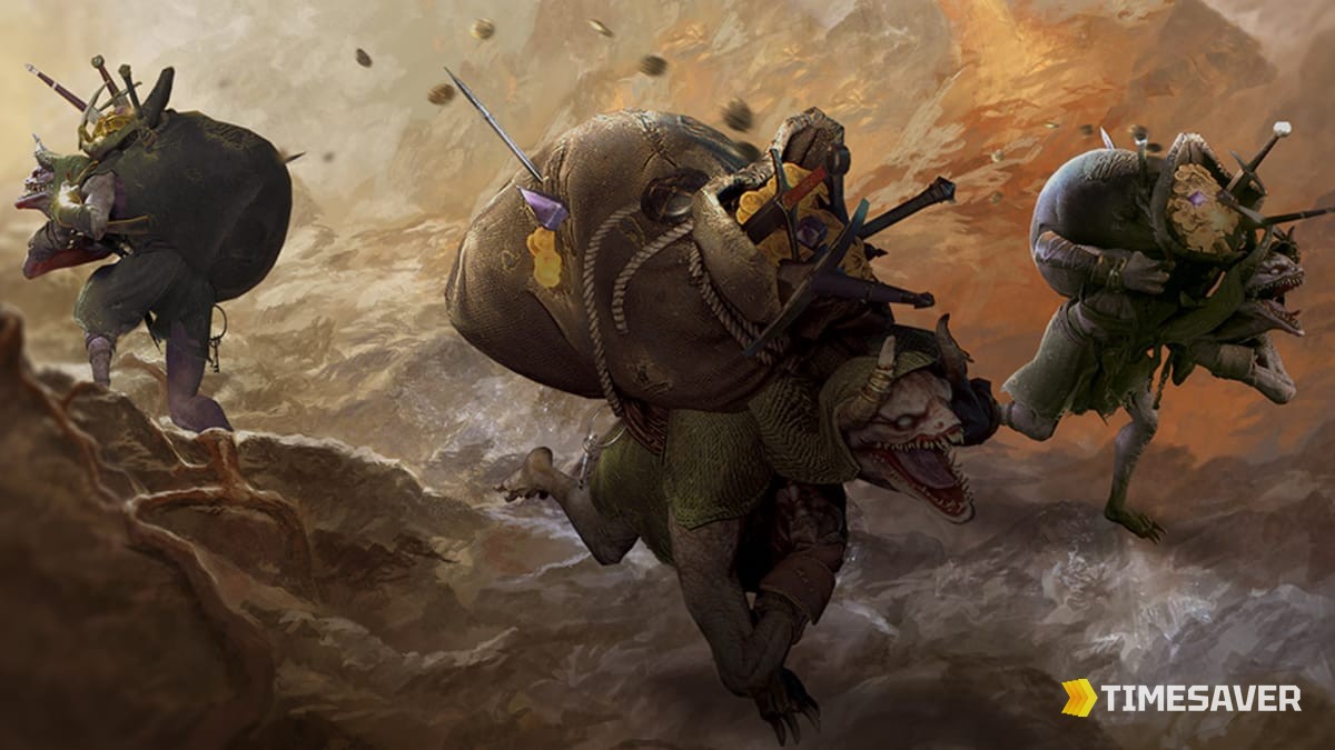 A pack of Treasure Goblins fleeing with loot sacks in Diablo 4 during March of the Goblins