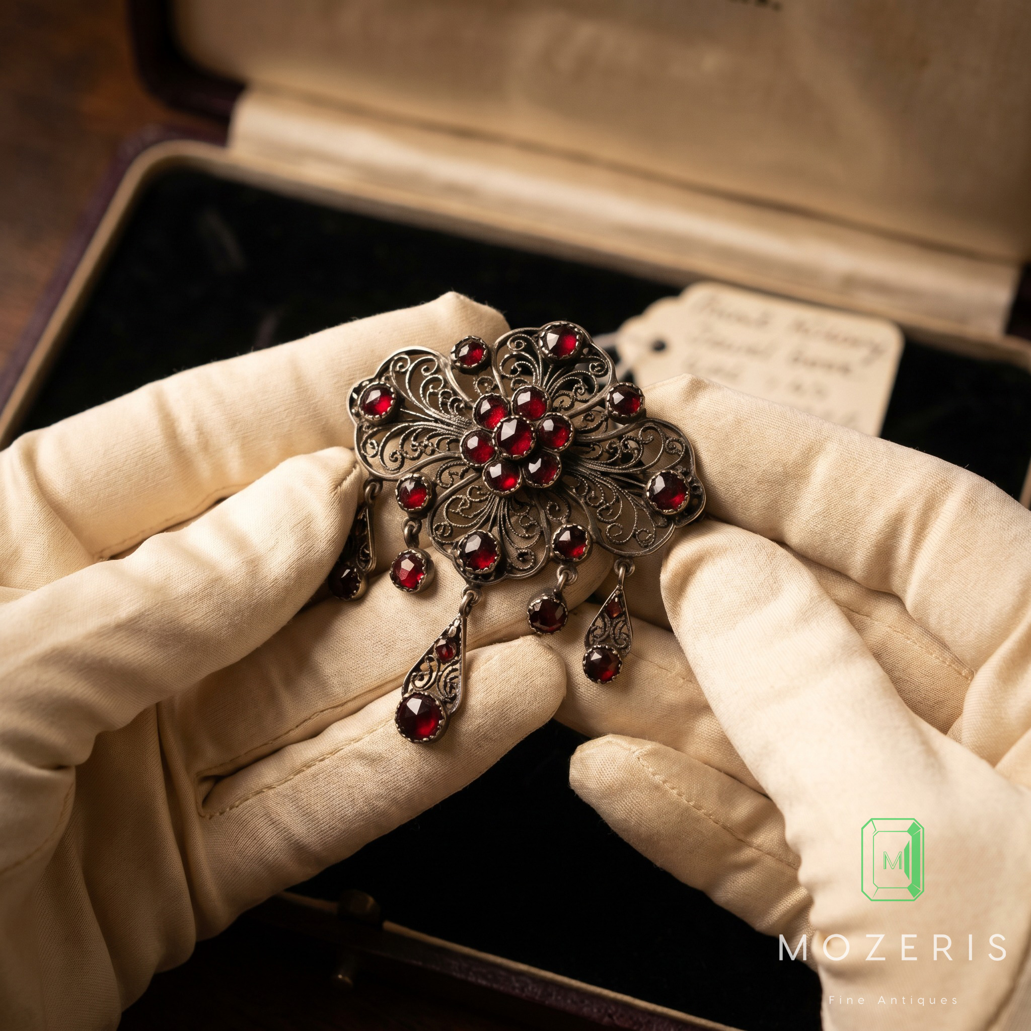 Victorian silver brooch being examined by jewellery specialist