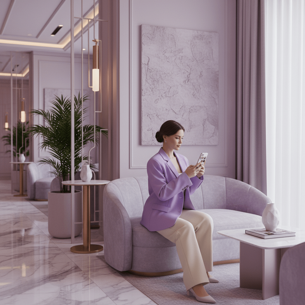 A stylish hotel guest browsing Instagram on a smartphone in a bright modern lobby