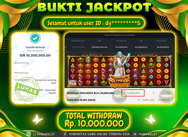 Selamat kepada Member PAMANSLOT Game Gates Of Olympus Super Scatter  : DIJ*********5