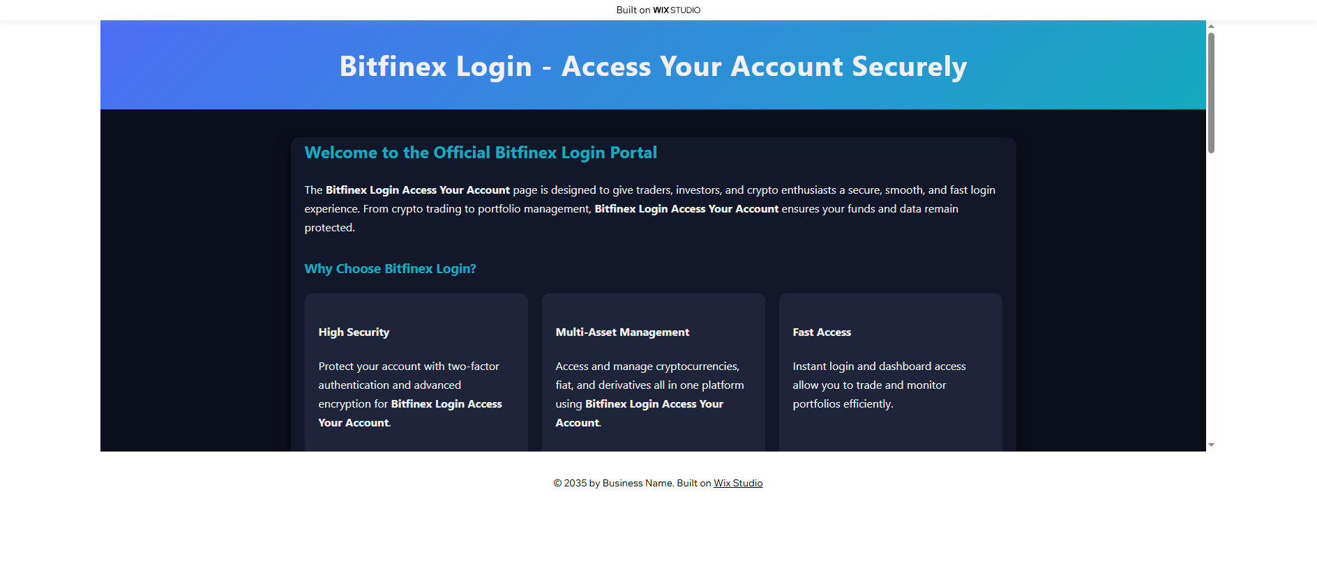 Forensic screenshot of bitfinaxx.wixstudio.com showing the phishing page layout