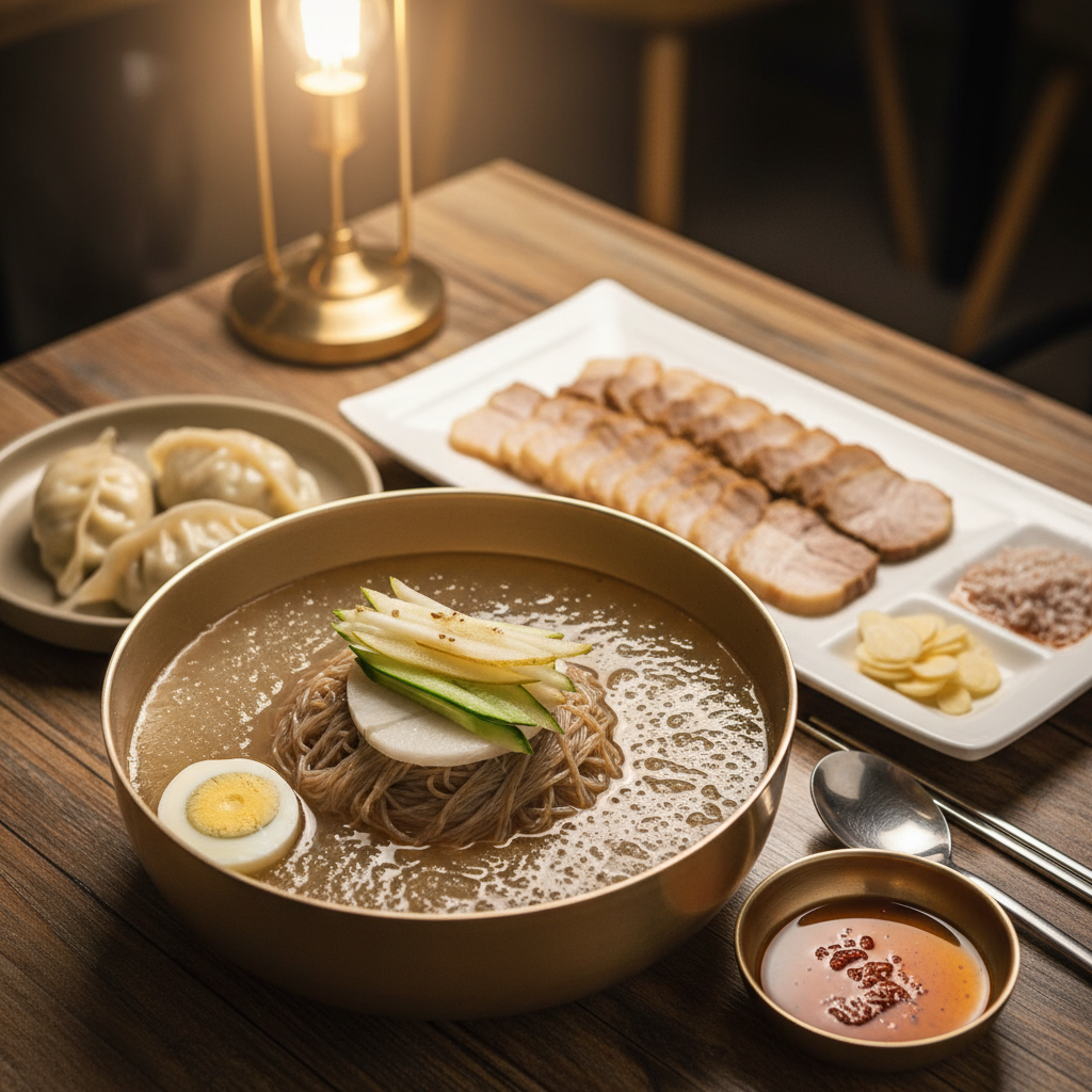 정갈하게 차려진 평양냉면과 수육 한 상 차림