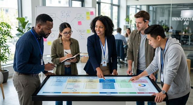 A team collaborating on a step-by-step AI implementation project.