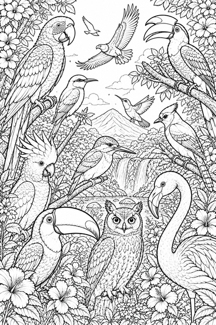 Tropical Bird Paradise Colouring Page