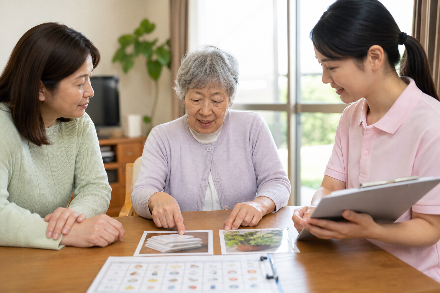 なじみのある活動を本人が選び家族と専門職が支える場面
