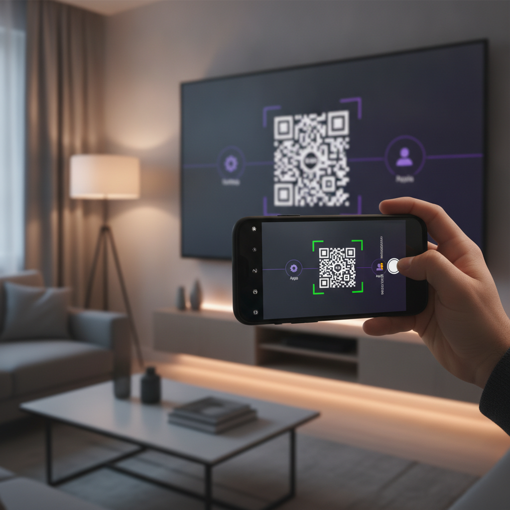 스마트 TV 화면에 뜬 넷플릭스 성인인증 QR 코드를 스마트폰으로 스캔하는 모습