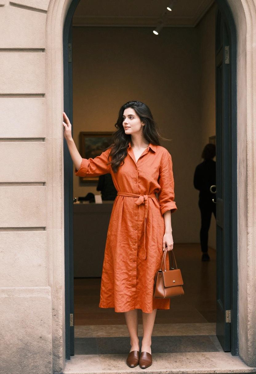Burnt orange linen dress for romantic museum doorway moment