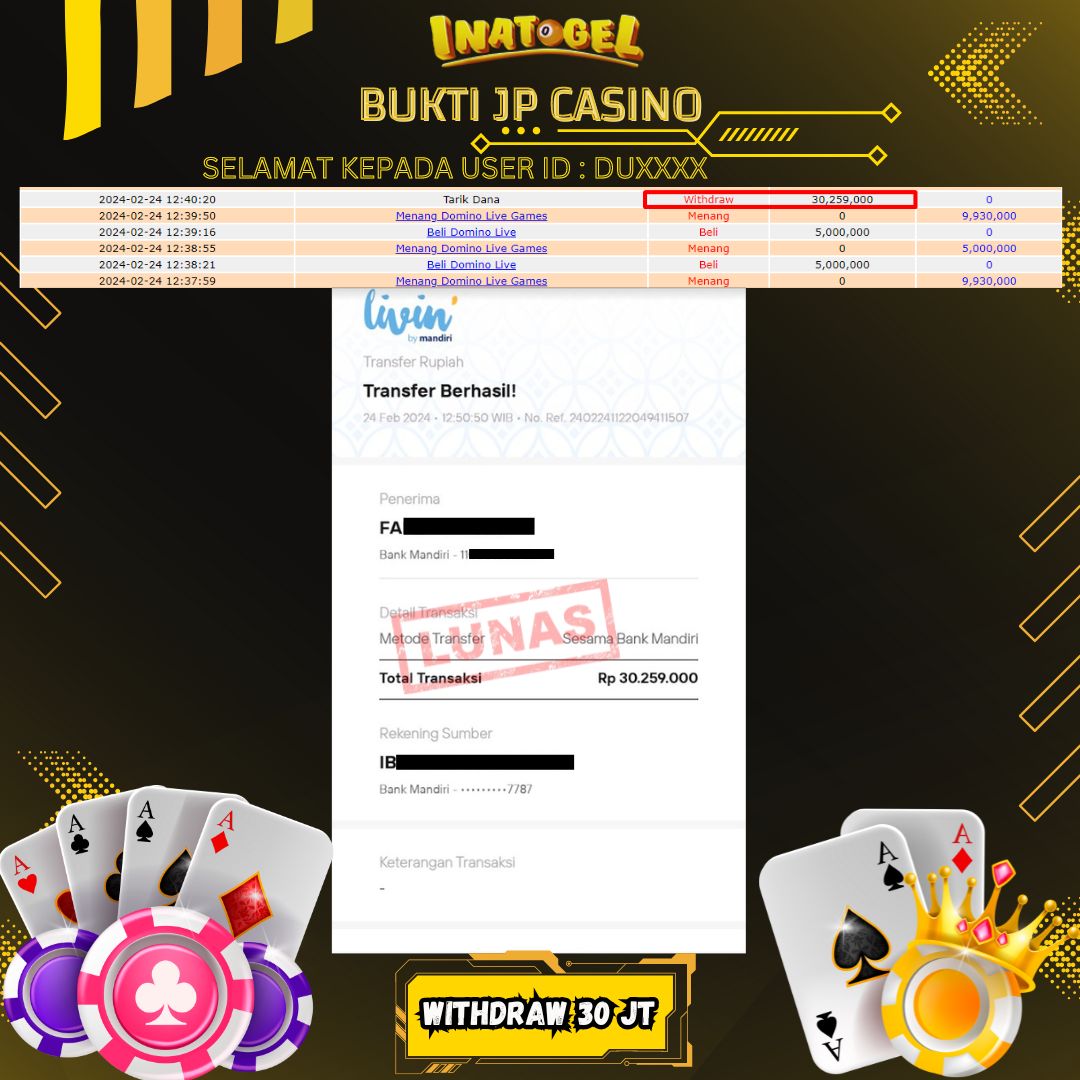 BUKTI PEMBAYARAN JP DOMINO LIVE GAMES Rp30,000,000,- LUNAS