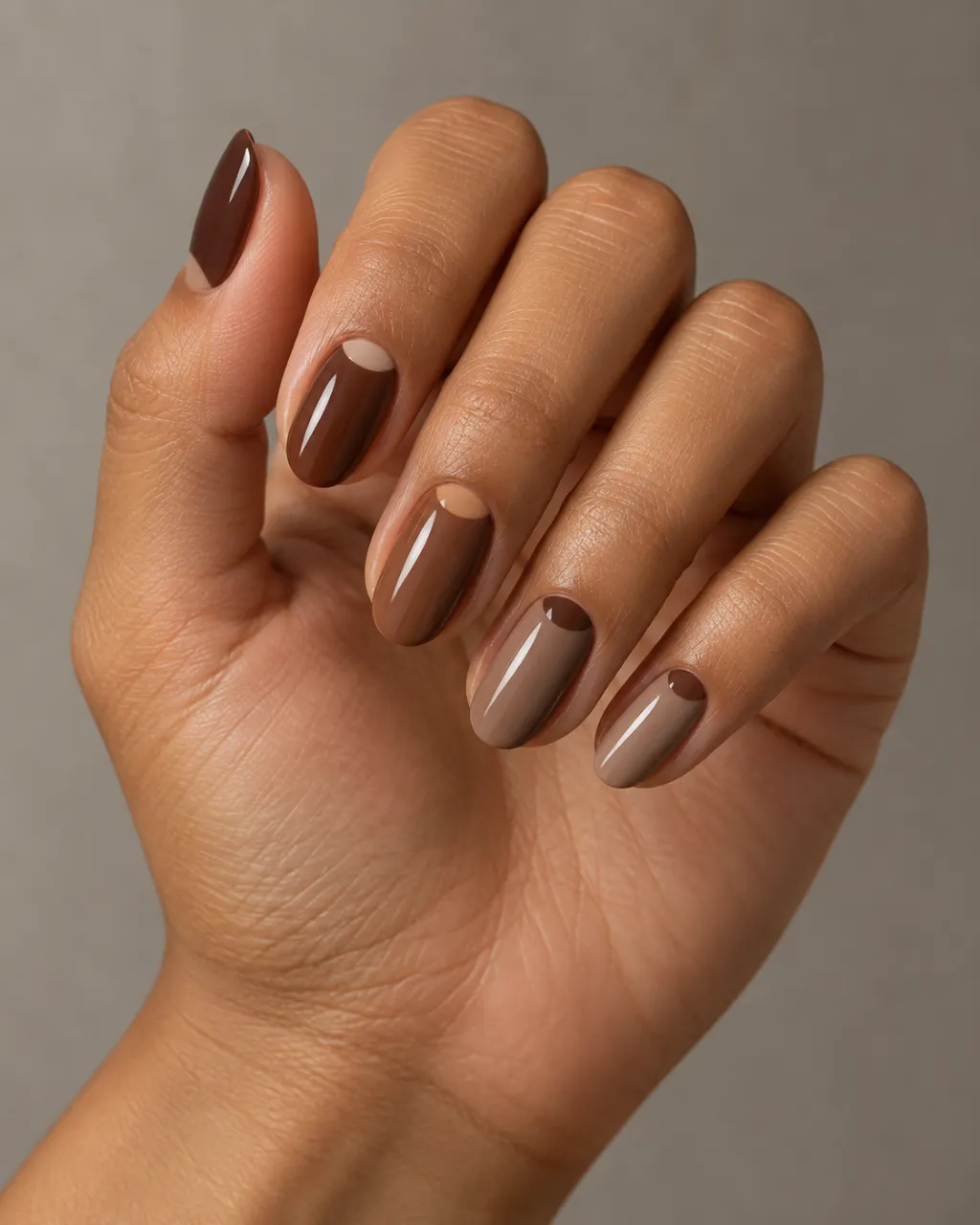 Chocolate Brown Half-Moon Detail manicure inspiration for chocolate brown nail ideas