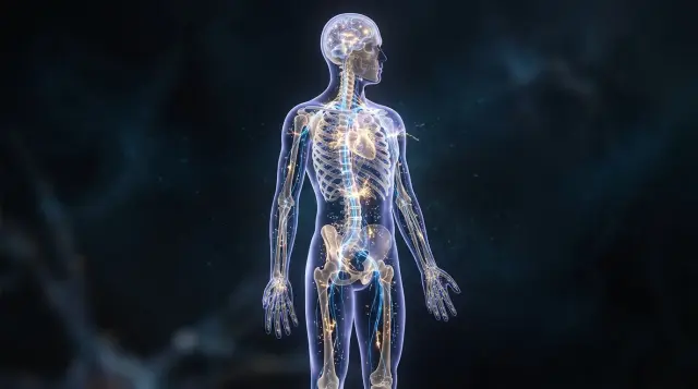 Glowing translucent human figure revealing illuminated neural pathways and electrical impulses, dramatic dark background