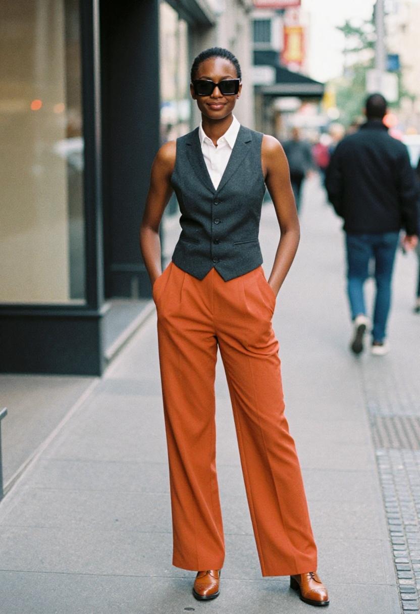 Burnt-orange wide-leg trousers with charcoal vest over Oxford shirt on city street