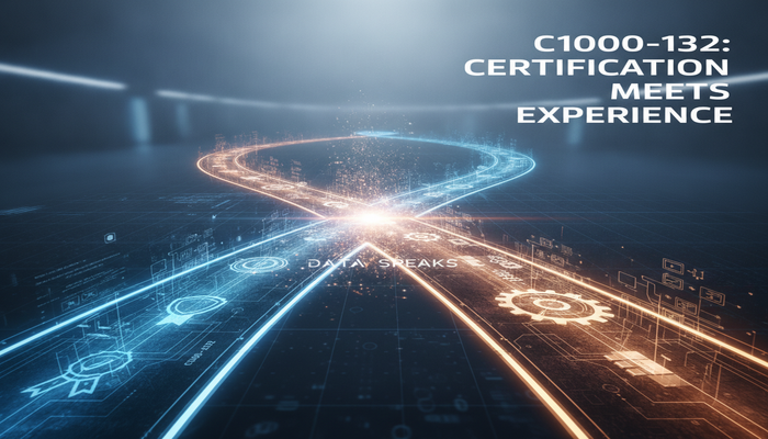 Abstract visual showing two distinct pathways, one representing digital certification with C1000-132 and the other practical experience with asset management elements, converging and interlinking to form a strong career path, set against a clean IBM Maximo technology background.