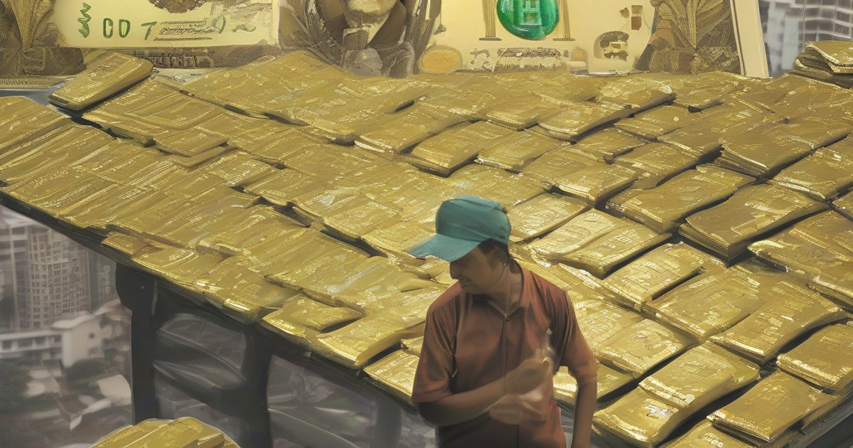 Gold bars and coins displayed in a Vietnamese jewelry shop with price tags visible