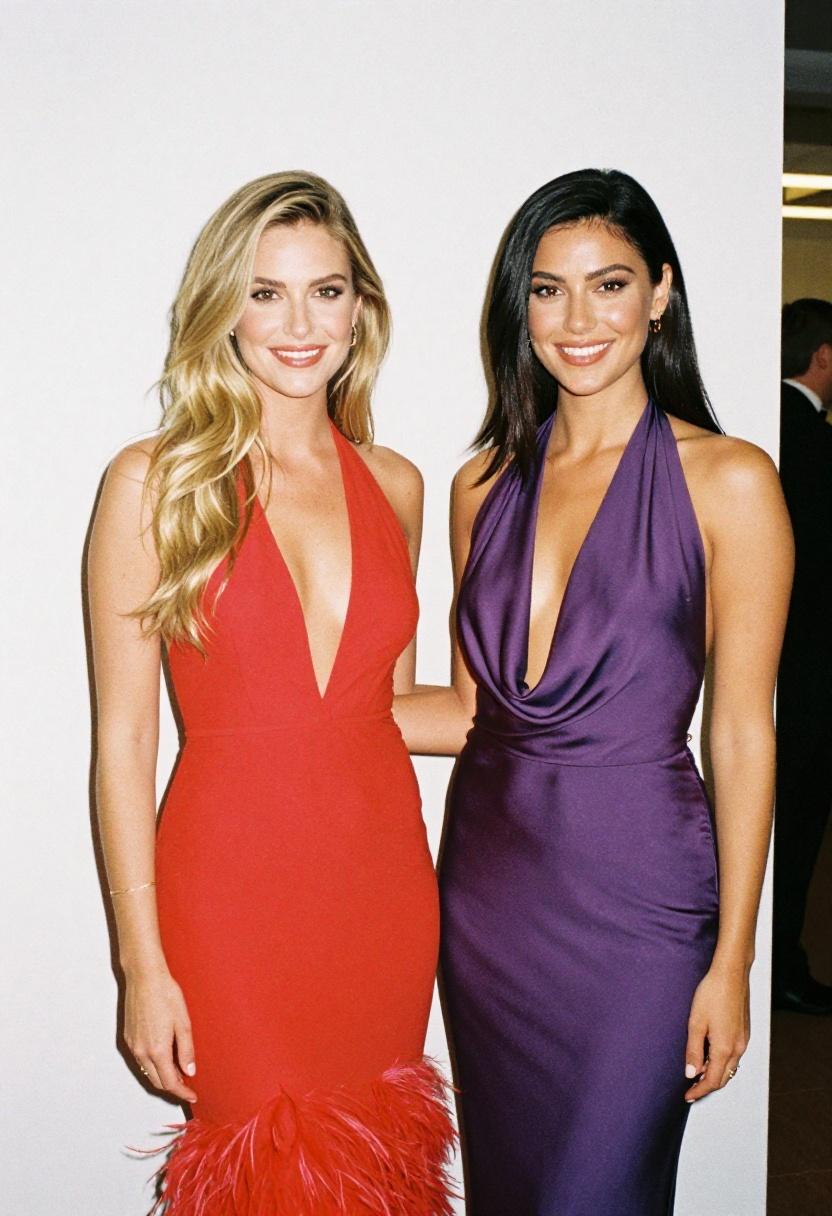 Scarlet mermaid gown and violet halter dress side by side demonstrating red carpet duo dressing