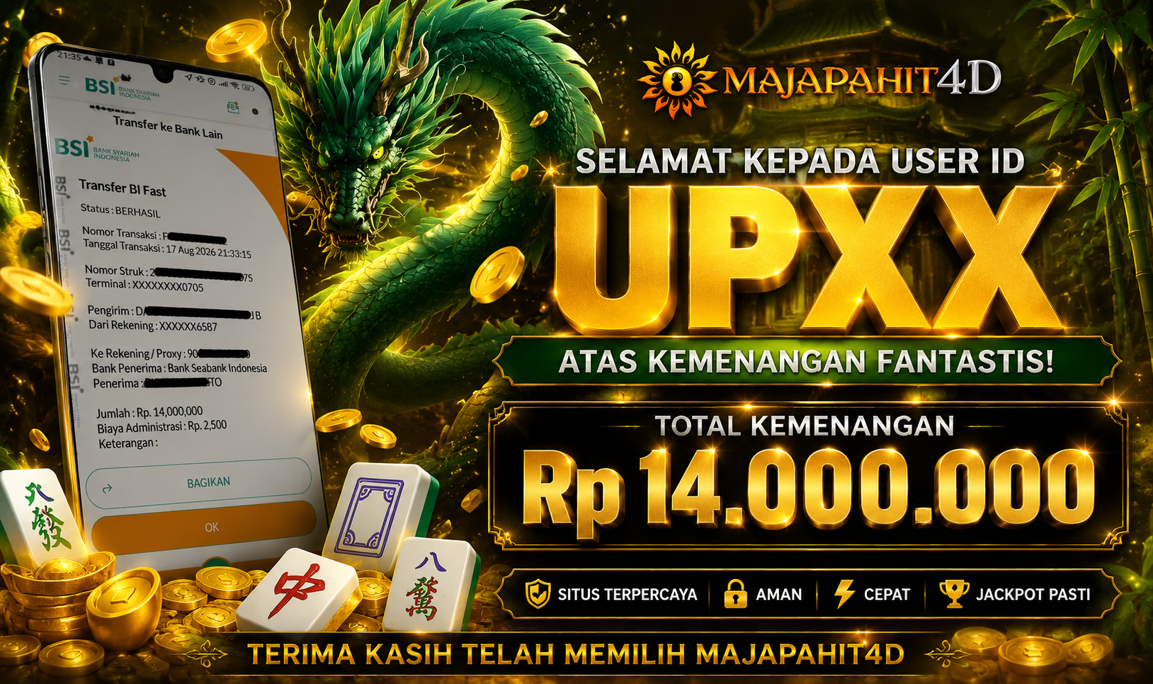 MAJAPAHIT4D JACKPOT MAHYONG Rp.14.000.000.,- LUNAS