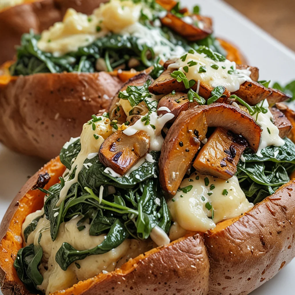 Creamy Mushroom Spinach Stuffed Sweet Potatoes Pleasure!