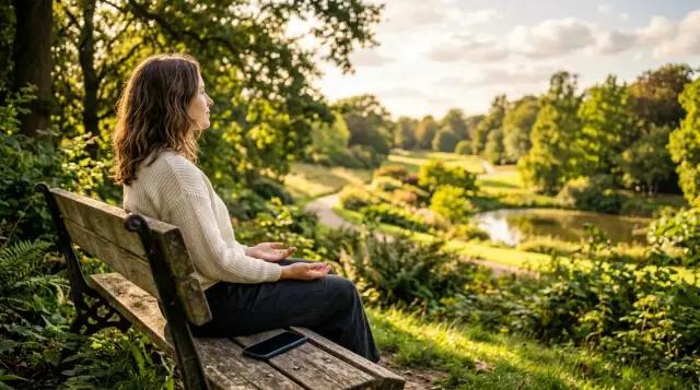 Person placing phone face-down on park bench, gazing peacefully at sunlit nature