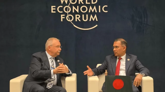 Prime Minister Tarique Rahman holding a courtesy meeting with World Economic Forum (WEF) President and CEO Alois Zwinggi on the sidelines of the Summer Davos in Dalian, China.