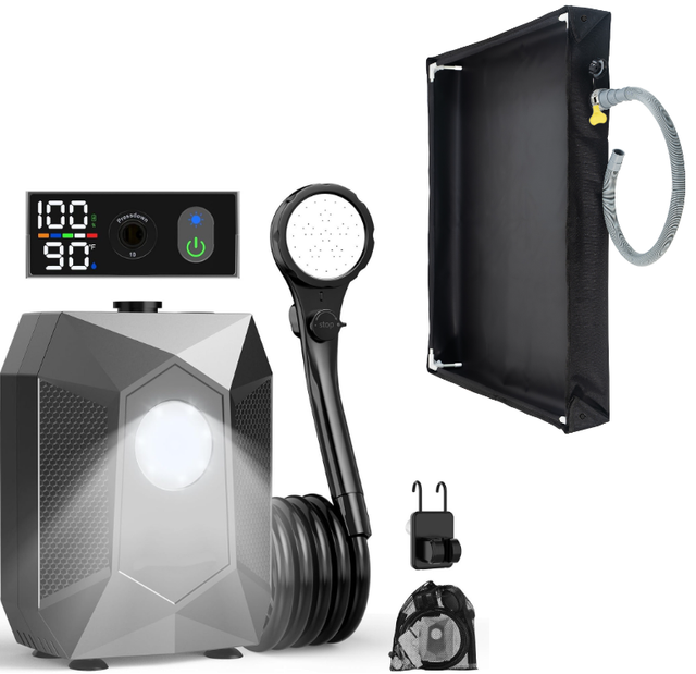 Portable Rechargeable Camping Shower Pump Kit with Digital Temperature Display, 4-Level LED Light, 5-Gear Water Flow - Includes 80x80CM Foldable Shower Basin Tray