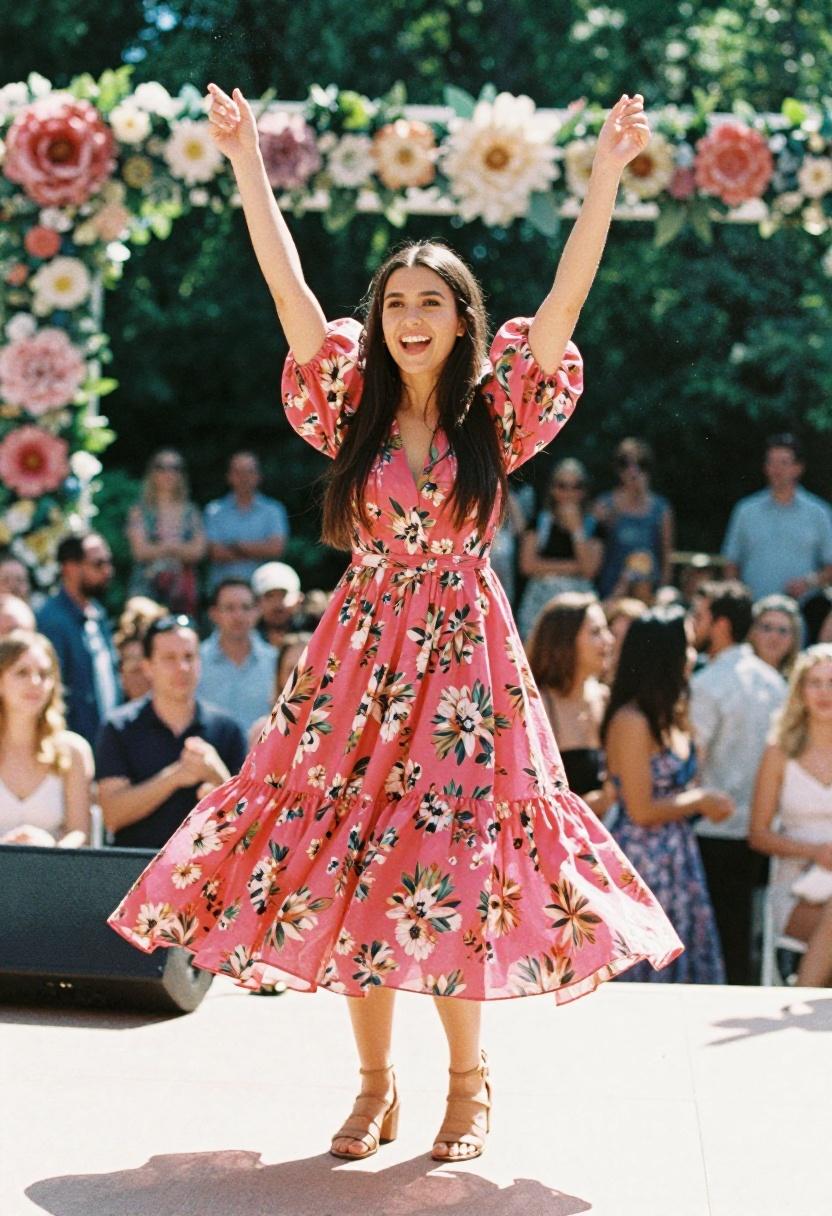 Joyful fuchsia floral midi dress made for dancing at a spring garden party