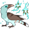 A teal and brown channel-billed cuckoo with its head turned while surrounded by a lightning aura.