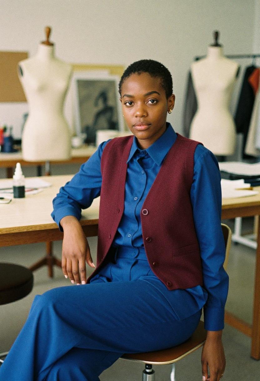 Rich burgundy knit vest layered over a cobalt shirt for creative professional energy