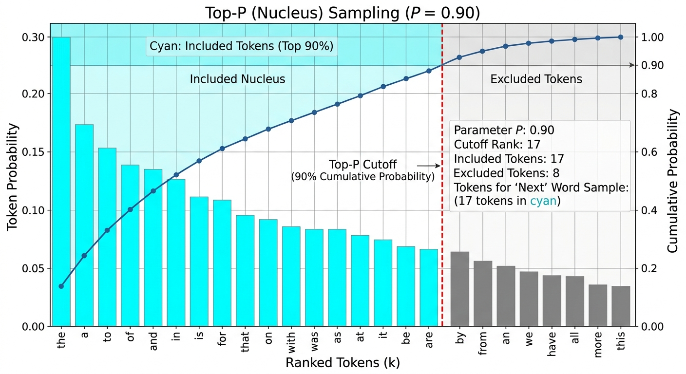 Top-P nucleus sampling probability distribution showing cumulative token selection threshold
