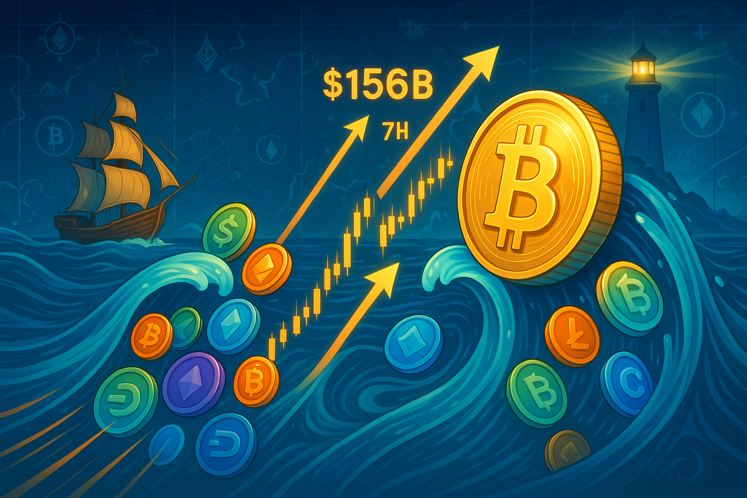 Illustration of surging cryptocurrency market with Bitcoin and altcoins leading the rally