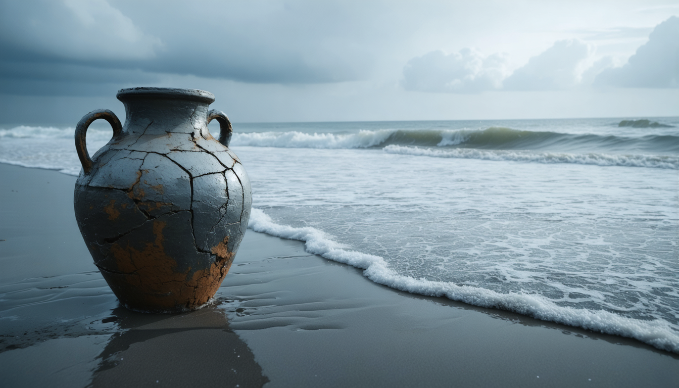 A cracked ceramic vessel resting on wet sand at the edge of incoming tide water.