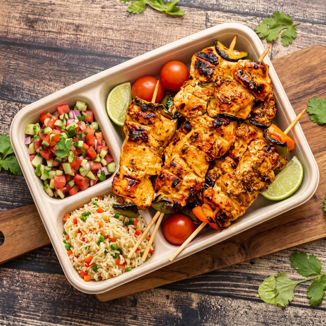 Brochette poulet, riz et salade