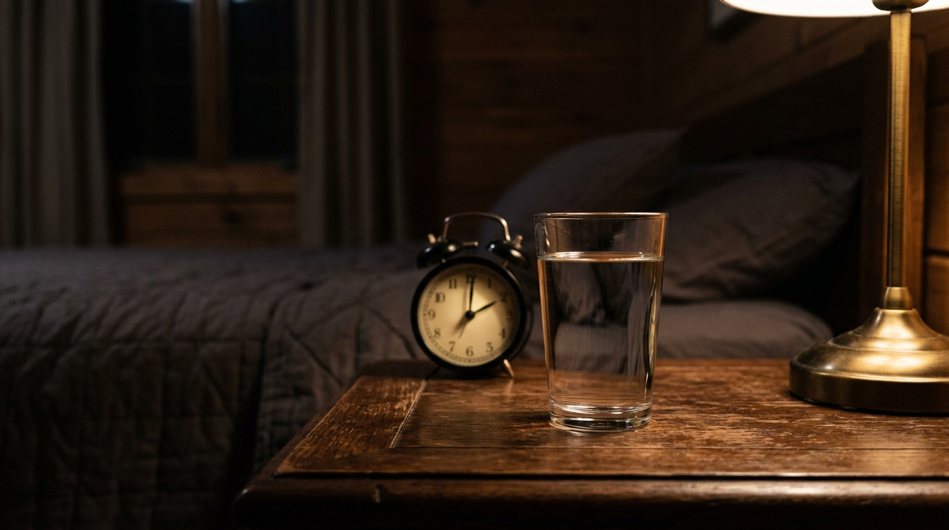 A glass of water and an alarm clock on a wooden nightstand at night, soft lamp light