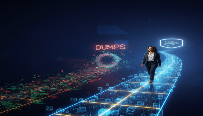 Salesforce AP-209 Dumps: Fact or Fiction? A professional chooses a brightly lit, stable path leading to a Salesforce AP-209 certification while a crumbling path labeled 'DUMPS' leads into darkness, illustrating the choice between legitimate study and deceptive exam dumps.