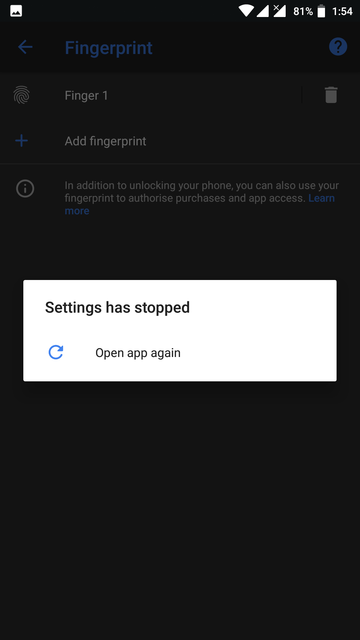Settings force close  while adding fingerprint