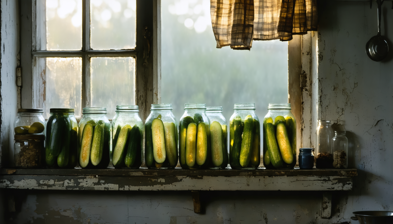 A weathered kitchen shelf holding old glass jars of pickled vegetables in soft morning light.