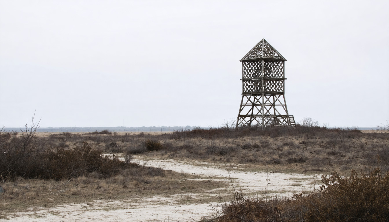 A half-built skeletal wooden tower structure against a flat Long Island landscape, viewed from a distance, with overcast sky above.