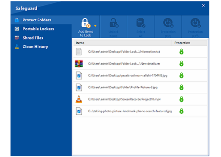 Folder Lock screen showing protected folders for project file security