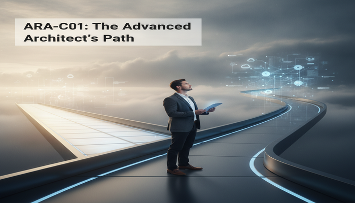 ARA-C01: The Advanced Architect's Path A lone professional stands at a challenging, elevated crossroads with one path leading to a complex holographic Snowflake data architecture, representing the difficult decision and commitment for the Snowflake SnowPro Advanced Architect (ARA-C01) certification.