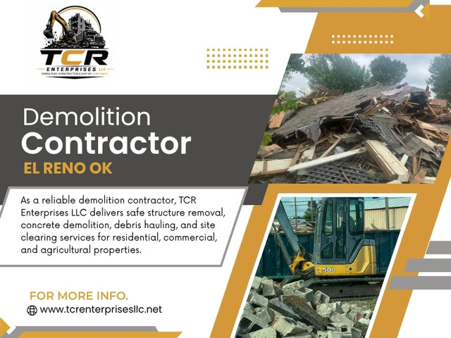 Old buildings often carry years of memories, but there comes a point when repairing them no longer makes practical or financial sense. Whether the property is being prepared for a new home, a commercial project, or additional outdoor space, demolition becomes the first major milestone. Hiring a trusted Demolition Contractor El Reno OK helps ensure the process starts on the right foot.

TCR Enterprises LLC
Address: El Reno, Oklahoma 73036
Phone Number: (918) 649-7600

Google Map: https://maps.app.goo.gl/byMEJVoY5rR7hTXi9

Read Our Blogs:
https://tcrenterprisesllc.wordpress.com
https://tcrenterprisesllc.medium.com
https://tcrenterprisesllcok.wixsite.com/tcrenterprisesllc

More Links:
https://c8ke.me/tcrenterprisesllc
https://dzone.com/users/5540217/tcrenterprisesllc.html
https://www.magcloud.com/user/tcrenterprisesllc